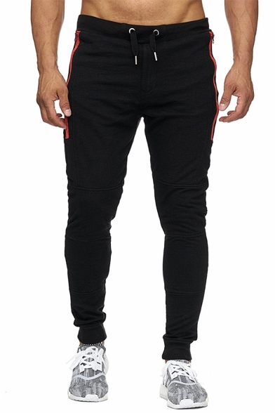 Men's New Fashion Contrast Zipped Pocket Drawstring Waist Casual Slim Cotton Sweatpants Pencil Pants