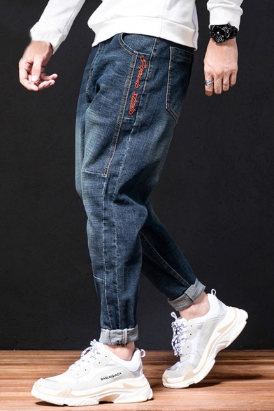 Men's New Fashion Letter Embroidery Detail Casual Loose Tapered Jeans