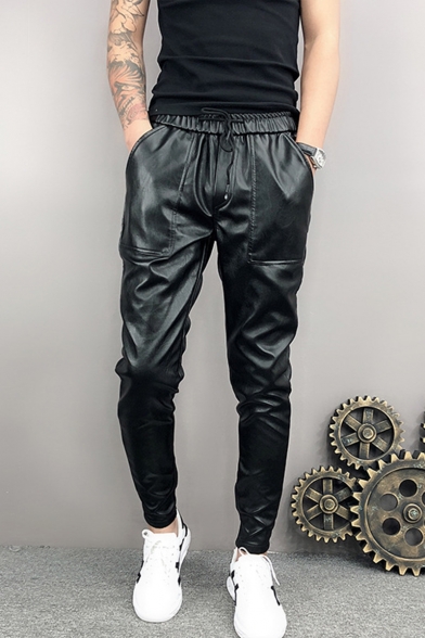 Men's New Fashion Simple Plain Drawstring Waist Black Plush Leather Pants