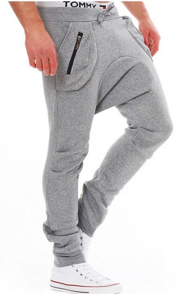 Men's New Fashion Solid Color Zip Embellished Low Crotch Casual Sweatpants Pencil Pants
