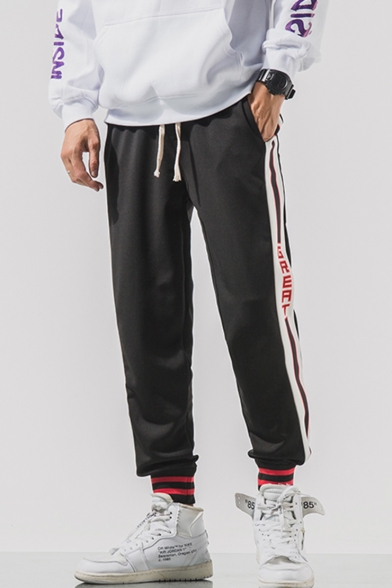 Men's New Stylish Contrast Stripe Letter GREAT Printed Drawstring Waist Loose Fit Casual Trendy Track Pants