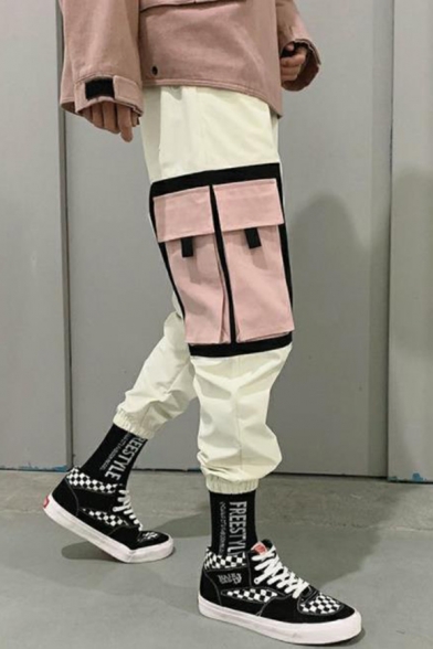 Men's New Stylish Letter Printed Colorblocked Multi-pocket Design Elastic Cuffs Casual Cotton Cargo Pants