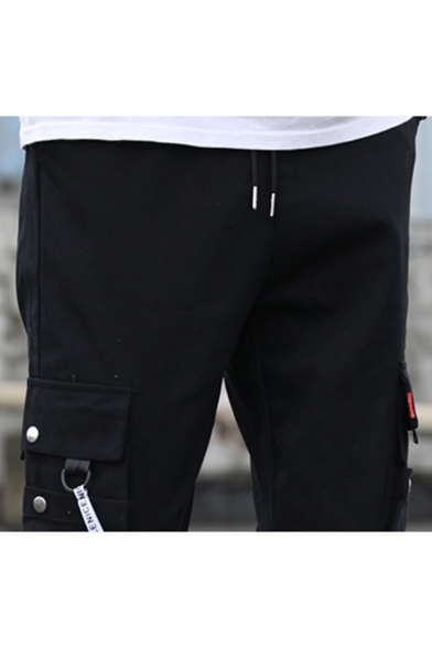 Men's New Stylish Letter Printed Drawstring Waist Black Casual Cotton Sports Cargo Pants