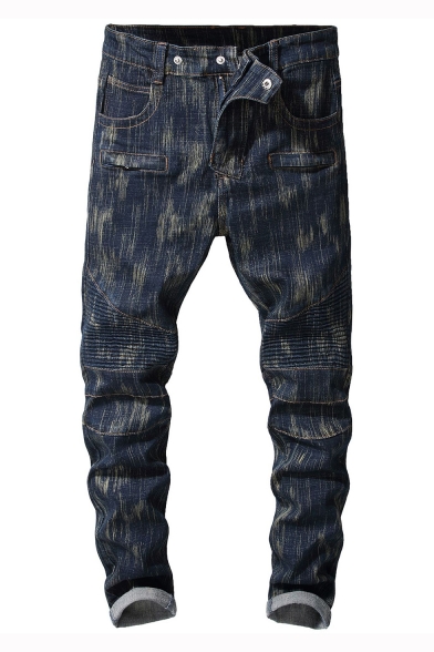 Men's New Stylish Snow Washed Knee Pleated Detail Dark Blue Trendy Biker Jeans