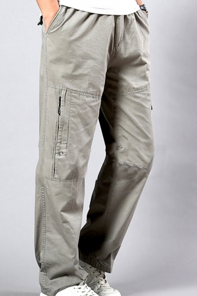 Men's Simple Fashion Solid Color Zipped Pocket Casual Loose Cotton Cargo Pants