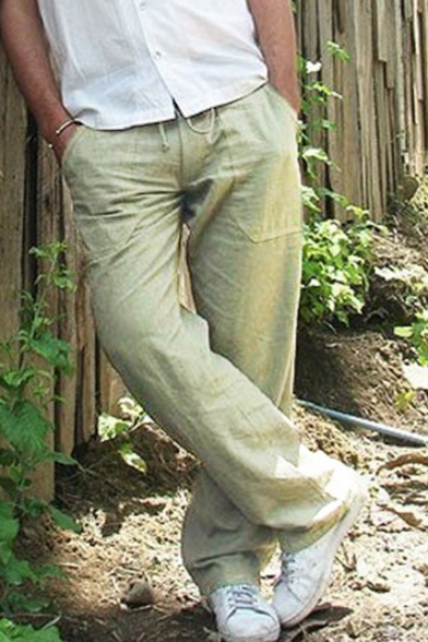 Men's Simple Plain Solid Color Drawstring Waist Casual Loose Wide Leg Pants
