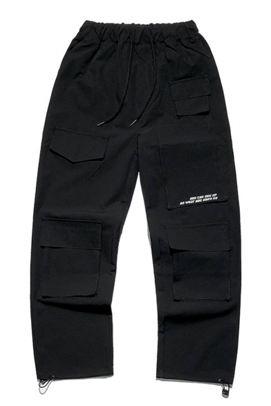 Men's Street Style Fashion Letter Printed Drawstring Waist Casual Loose Track Pants Multi-pocket Cargo Pants