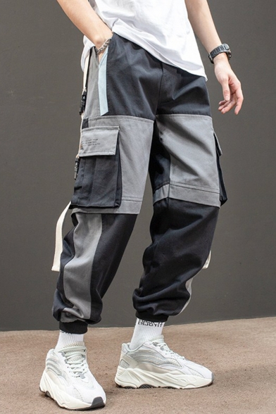 Men's Stylish Colorblocked Buckle Strap Design Flap Pocket Side Elastic Cuffs Hip Pop Casual Loose Cargo Pants