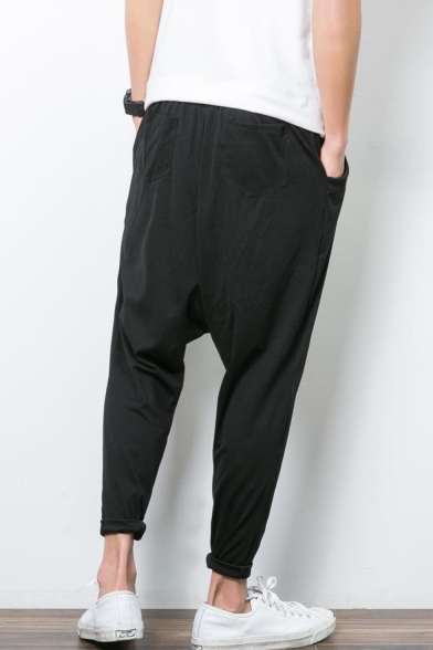 Men's Stylish Floral Printed Drop-Crotch Black Casual Cotton Harem Pants