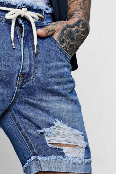 Men's Summer New Fashion Plain Frayed Ripped Detail Rolled Cuffs Blue Denim Shorts