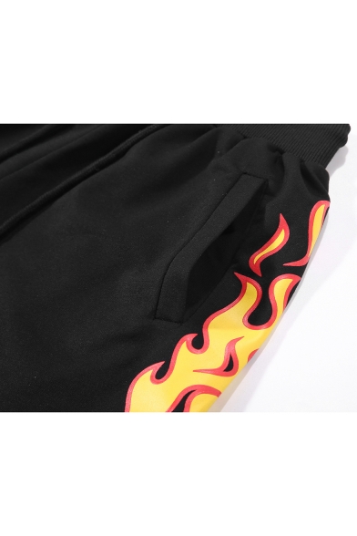 Men's Summer Trendy Fire Printed Drawstring Waist Black Cotton Relaxed Sweat Shorts