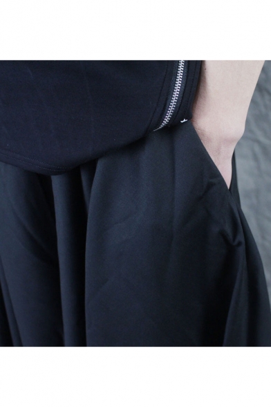 Men's Trendy Dark System Simple Plain Black Loose Fit Irregular Culottes Wide Leg Pants