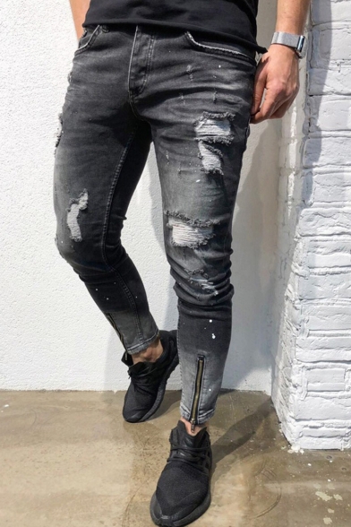 Men's Trendy Street Style Zip Cuffs Black Casual Ripped Skinny Jeans