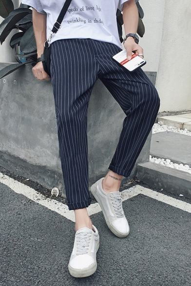 Men's Trendy Stripe Pattern Casual Cropped Dress Pants