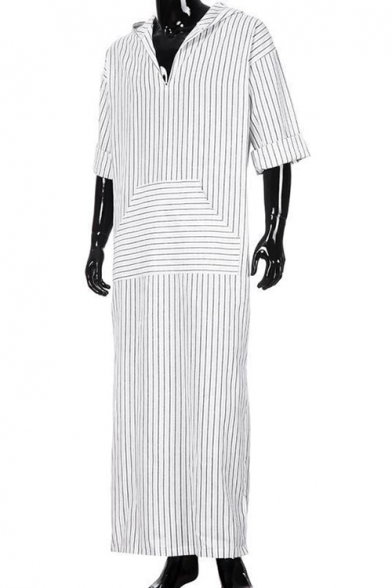 Mens Designer Unique White Striped V-Neck Hooded Casual Loose Linen Extra Long Shirt Blouse Kaftan