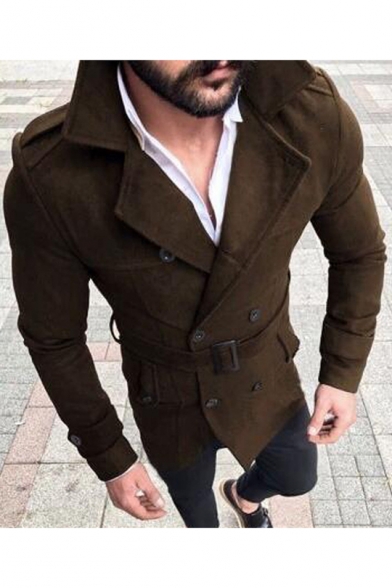 Mens Hot Popular Notched Lapel Collar Long Sleeve Belted Waist Double-Breasted Plain Fitted Pea Coat