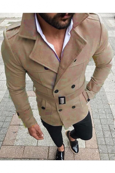Mens Hot Popular Notched Lapel Collar Long Sleeve Belted Waist Double-Breasted Plain Fitted Pea Coat