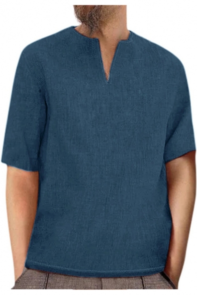 Mens New Trendy Ethnic Style V-Neck Short Sleeve Plain Casual Linen T-Shirt
