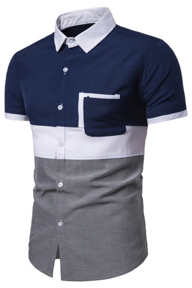 Mens Simple Color Block Short Sleeve Button Up Slim Fit Oxford Shirt