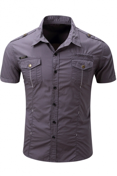 Mens Simple Plain Short Sleeve Outdoor Military Slim Fit Cotton Shirt