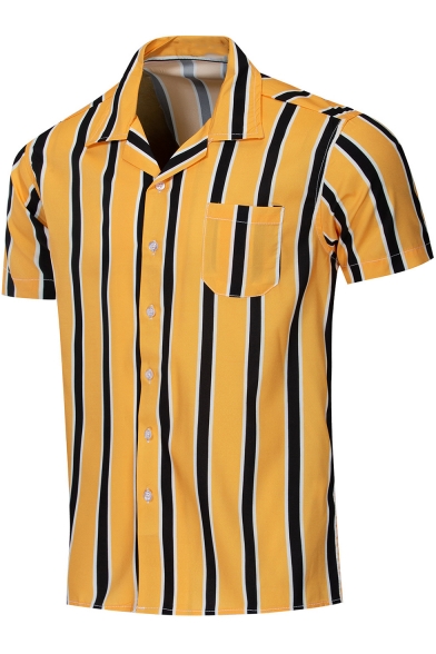 Mens Stylish Yellow Vertical Striped Print Short Sleeve Button Up Cotton Shirt