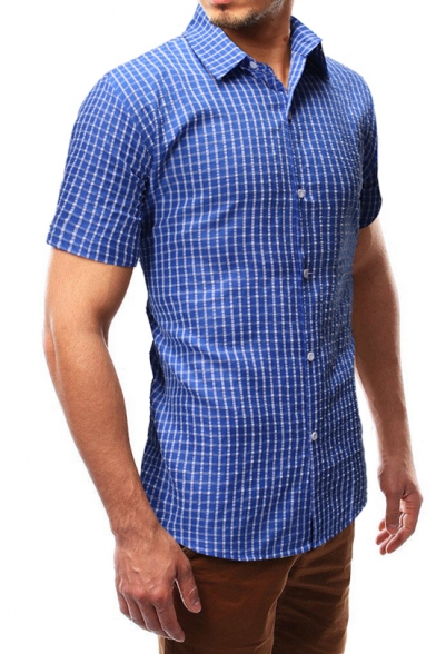 Mens Summer Trendy Gingham Plaid Printed Short Sleeve Slim Fit Casual Shirt