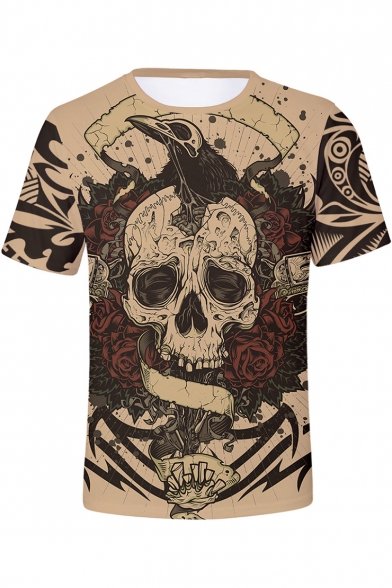 Mens Trendy Khaki Rose Skull Printed Round Neck Short Sleeve Fitted T-Shirt