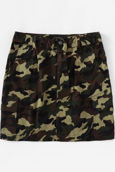 New Fashion Army Green Camo Printed Flap Pocket Side Mini Bodycon Skirt