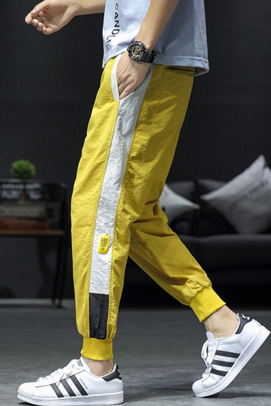 New Fashion Colorblock Patched Side Drawstring Waist Casual Loose Track Pants for Guys