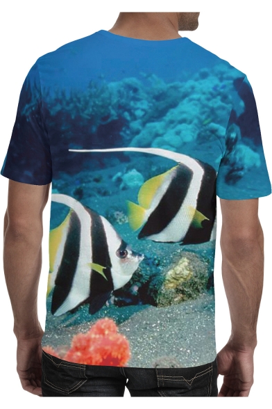 New Stylish 3D Fish Pattern Round Neck Short Sleeve Blue Casual Tee