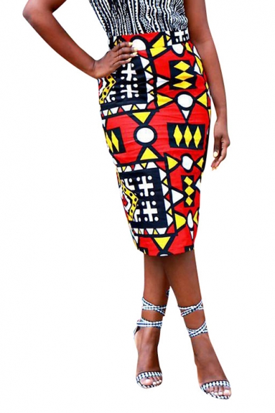 New Stylish Womens Sexy Style Geometric Print Midi Red Bodycon Skirt