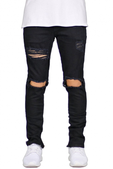 Popular Fashion Solid Color Knee Cut Frayed Ripped Slim Fit Stylish Jeans for Men