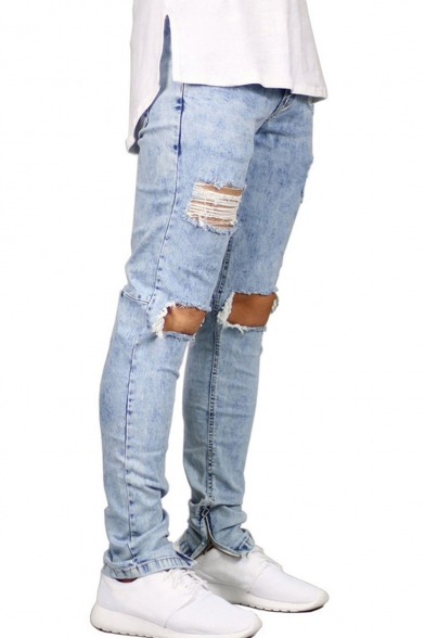 Popular Fashion Solid Color Knee Cut Frayed Ripped Slim Fit Stylish Jeans for Men