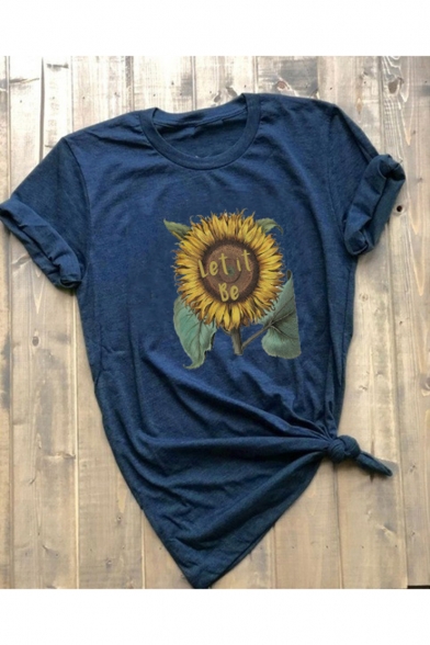 Popular Letter LET IT BE Sunflower Print Round Neck Short Sleeve Casual Tee
