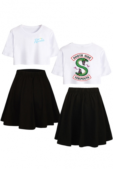 Popular Snake Logo Printed Short Sleeve Cropped Tee with A-Line Skirt Two-Piece Set