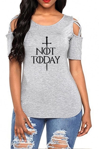 Popular Sword Letter NOT TODAY Pattern Hollow Out Short Sleeve Casual T-Shirt
