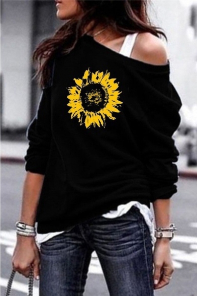Popular Womens Sunflower Print One Shoulder Long Sleeve Casual Sweatshirt