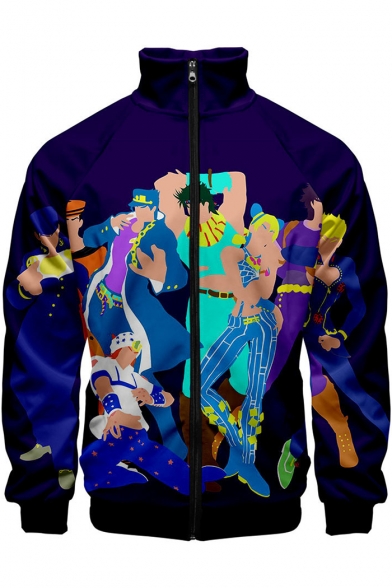 Purple Comic Character 3D Pattern Stand Collar Long Sleeve Zip Up Jacket