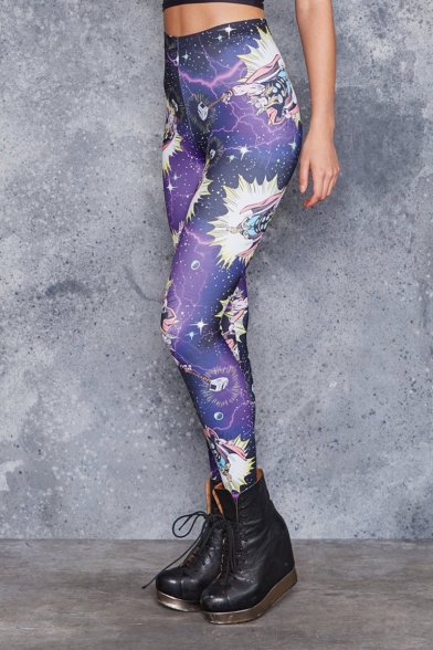 Purple Elastic Waist Cartoon Galaxy Printed Skinny Fitted Legging Pants