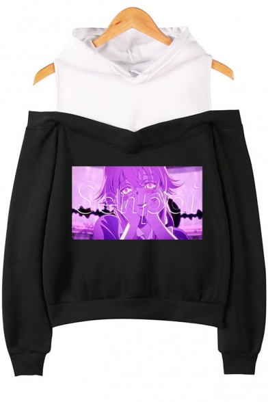 Senpai Comic Anime Girl Printed Cold Shoulder Long Sleeve Casual Pullover Hoodie