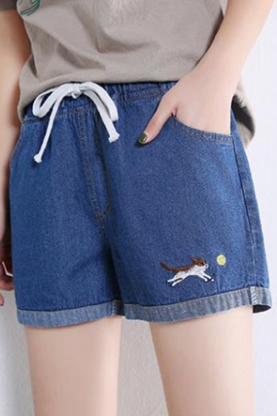 Students Cute Cat Embroidery Drawstring Waist Wide-Leg Blue Denim Shorts