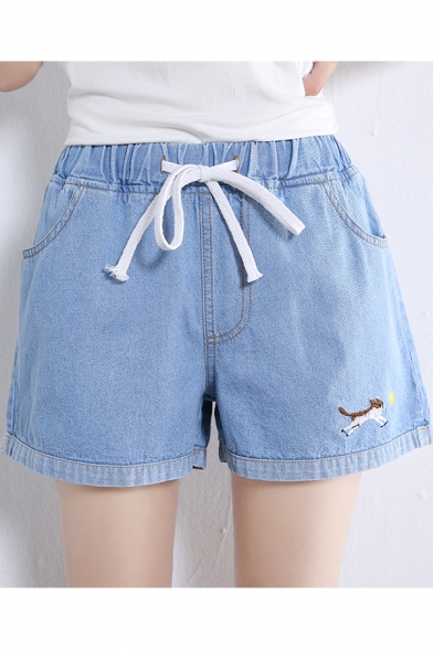 Students Cute Cat Embroidery Drawstring Waist Wide-Leg Blue Denim Shorts