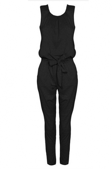 Stylish Simple Plain Round Neck Sleeveless Tied-Waist Jumpsuits for Women