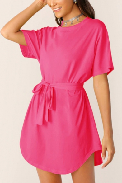 Summer Basic Simple Plain Round Neck Short Sleeve Bow-Tied Waist Mini A-Line Dress
