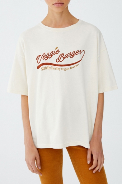 Summer Cool Simple Letter Logo Print Round Neck Short Sleeve Beige T-Shirt