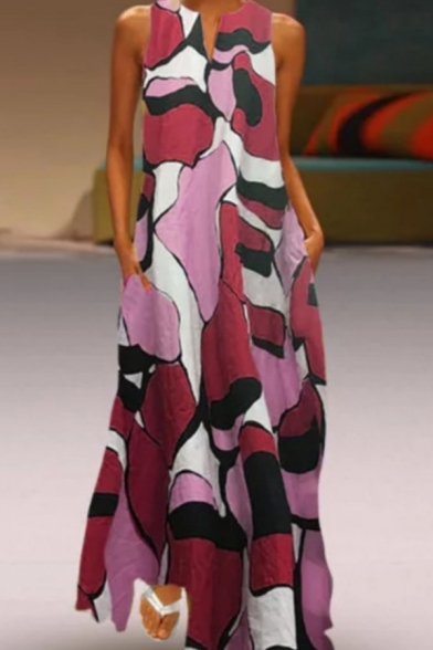 Summer Fancy Color Block Geometric Printed V-Neck Sleeveless Maxi Swing Tank Dress