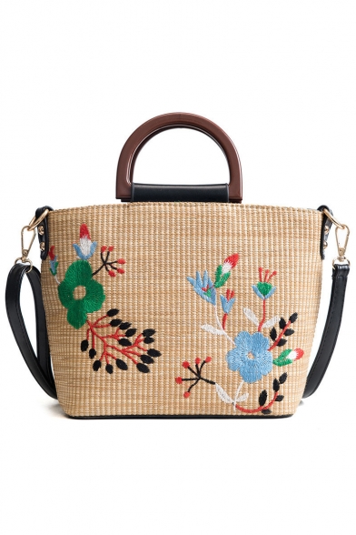Summer Fashion Floral Embroidery Pattern Straw Beach Bag Satchel Tote Handbag 27*20*9 CM