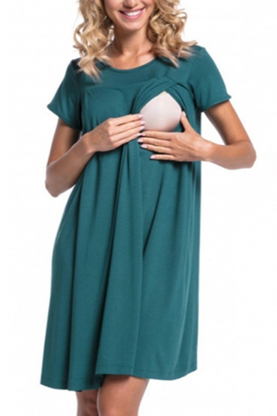 Summer Fashion Plain Short Sleeve Button Back Functional  Loose Midi Maternity Nursing Dress for Breastfeeding Mothers