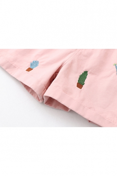 Summer Girls Cute Cactus Embroidery Rolled Cuff Loose Casual Shorts