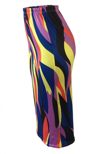 Summer Girls New stylish Colorful Stripe Print Midi Bodycon Skirt
